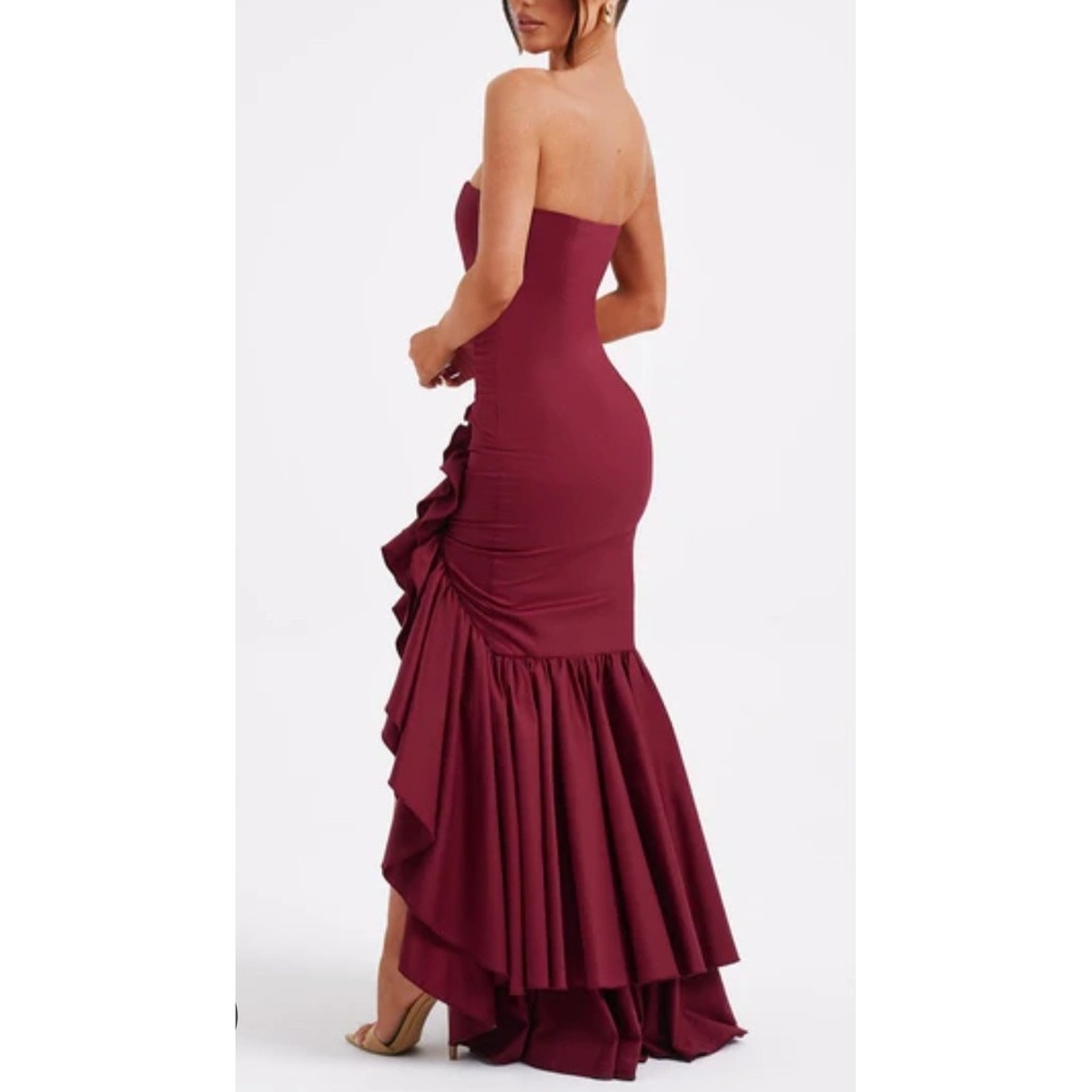Strapless Burgundy Ruffle-Hem Maxi Dress